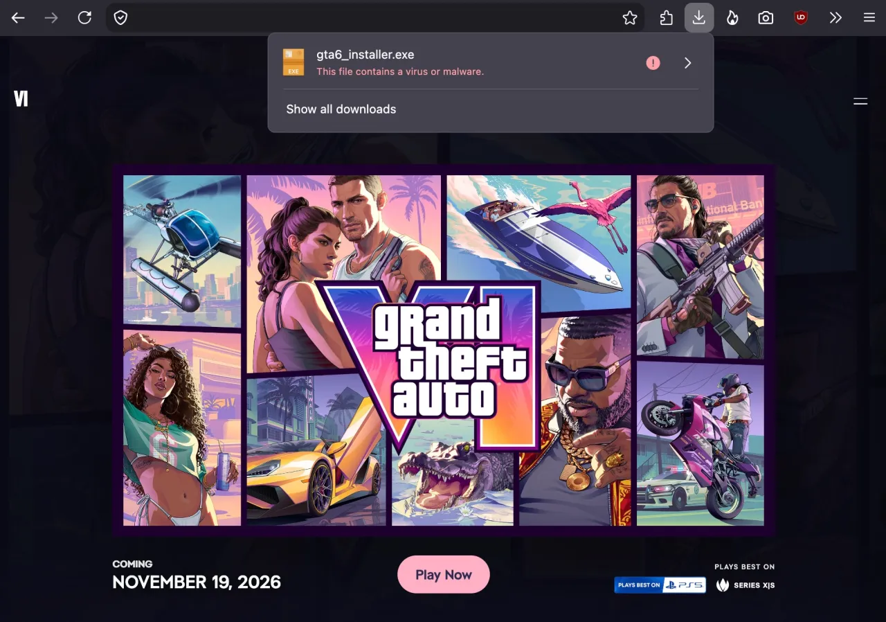 a screenshot of the malware download from the fake GTA website